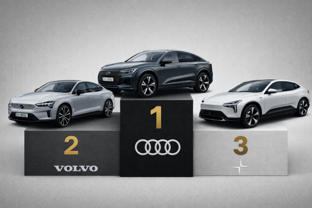 trois véhicules électriques sur podiums